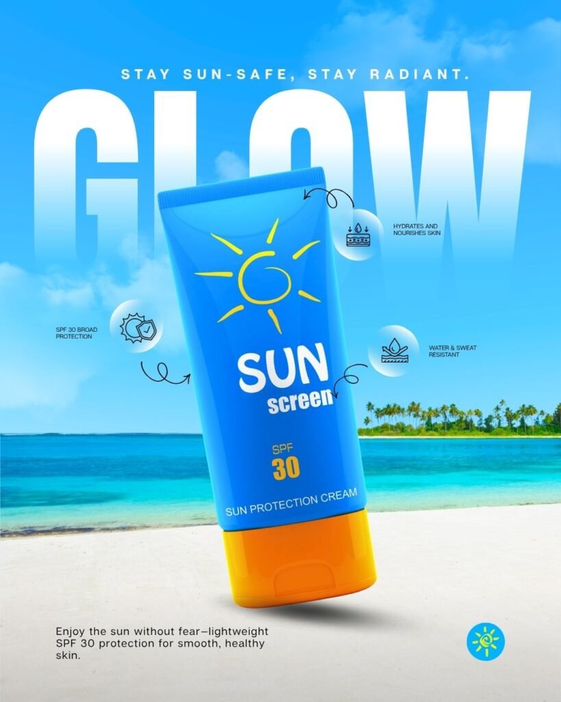 blue and yellow modern skincare sunscreen promotional instagram post